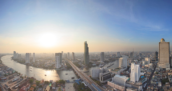 top veiw of chaopraya river and bangkok landmark scene from building top