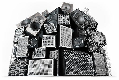 A huge stack of speakers including scaffolding, heavy on the bass, high-contrast and mainly monochrome with a hint of colour and slightly gritty. Perfect for festivals, club nights and any music event. 3D render.