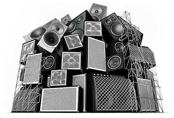 Speaker Stack A huge stack of speakers including scaffolding, heavy on the bass, high-contrast and mainly monochrome with a hint of colour and slightly gritty. Perfect for festivals, club nights and any music event. 3D render. musical equipment stock pictures, royalty-free photos & images