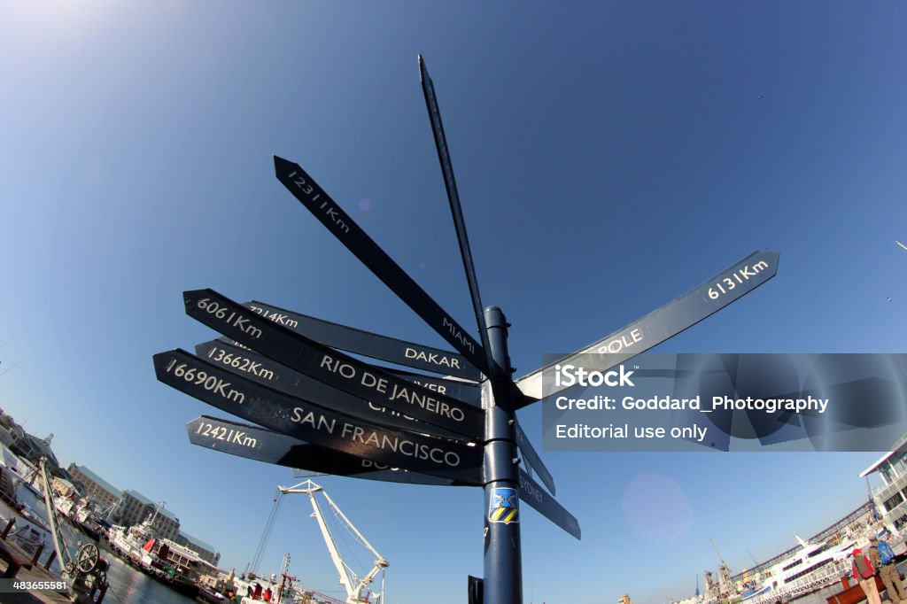 South Africa: Direction Sign at Victoria & Alfred Waterfront Cape Town, South Africa - March 12, 2012: A sign gives directions to other major cities in the world, and shows how far away they are, at Victoria & Alfred Waterfront in Cape Town. Cape Town Stock Photo