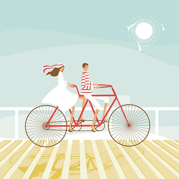 Vector illustration of Summer couple cycling on the beach