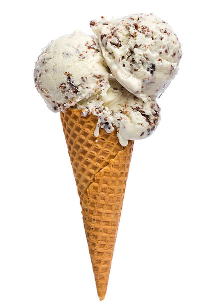 Ice cream cone with three scoops of stracciatella ice cream