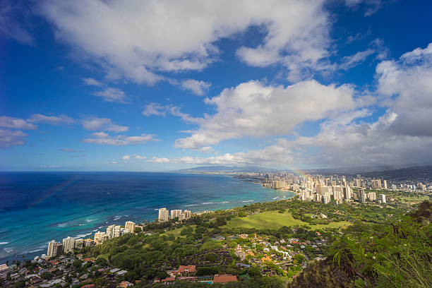 istock Hawaii rainbow and city skyline 483656230