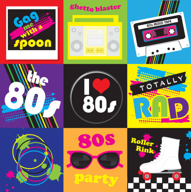 Eighties party themed icon set Vector illustration of an 80s themed icon set. audio cassette photos stock illustrations
