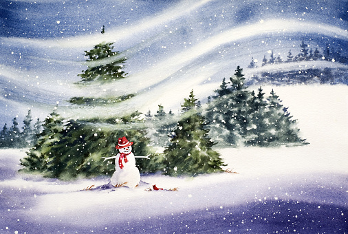 Snowman illustration hand painted in watercolor and photographed by me, Sandy Sandy. 