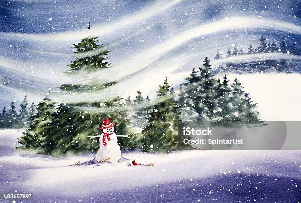 Snowman In The Meadow Stock Illustration - Download Image Now - Christmas, Old-fashioned, Painting - Art Product