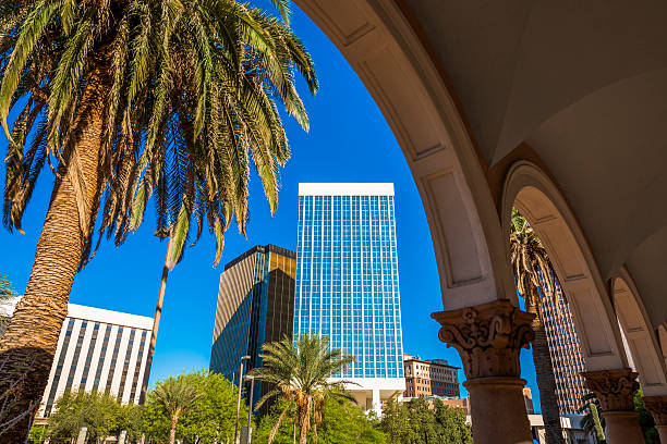 istock Downtown Tucson Arizona Skyscrapers, palm tree, capitol building arches 483659511