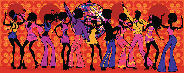 Seventies Disco Party A group of people in seventies outfits at a disco. All characters on separate layers for easy editing. See below for a silhouetted version of this file. afro man stock illustrations