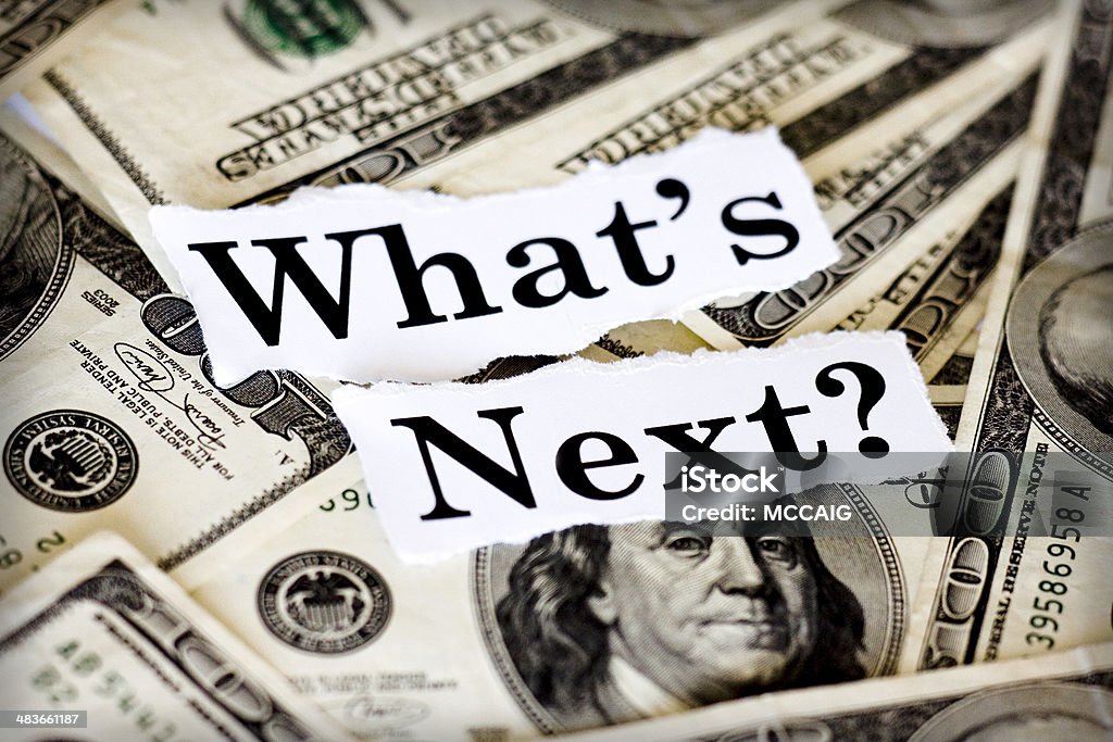 What's Next Hundred dollar bills with the words "What's Next?" Inflation - Economics Stock Photo