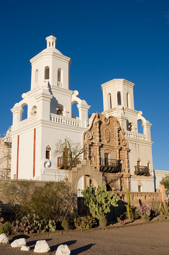 The San Xavier del Bac mission is an excellent example of 18th century mission architecture. It is currently being restored; some scaffolding is visible at the side of the building.
