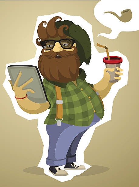 ilustraciones, imágenes clip art, dibujos animados e iconos de stock de barbudo paunchy hipster con el comprimido y bebida - paunchy