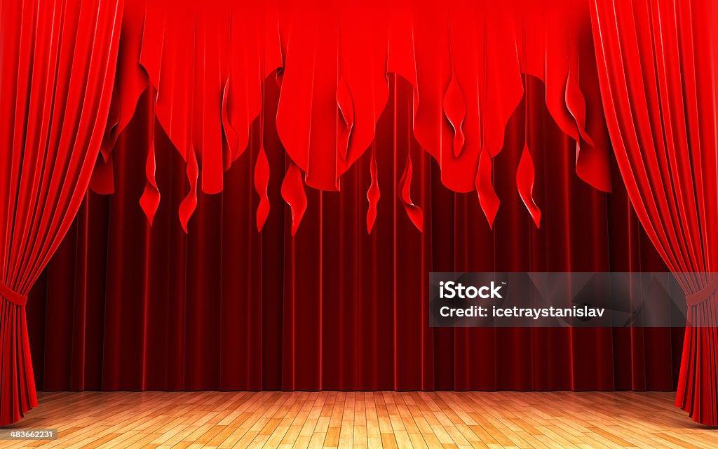 Czerwone aksamitne zasłony otwarcie sceny - Zbiór zdjęć royalty-free (Aksamit)