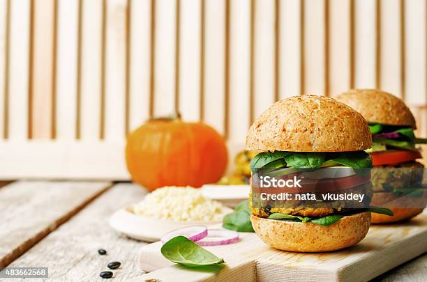 Vegan Millet Black Bean Pumpkin Burgers Stock Photo - Download Image Now - 2015, American Culture, Autumn