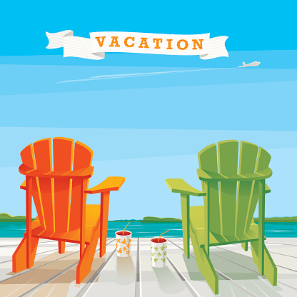 Orange and green Adirondack chairs on the deck with 