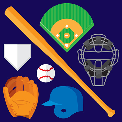 Vector illustration of a set of baseball items in flat style. Includes baseball, baseball bat, mitt, batting helmet, catcher's mask, and baseball diamond.