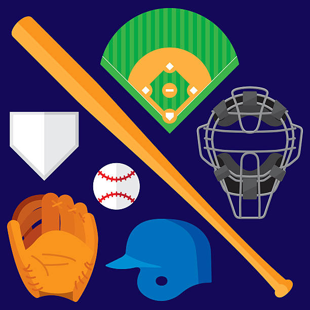 Baseball Items Flat Vector illustration of a set of baseball items in flat style. Includes baseball, baseball bat, mitt, batting helmet, catcher's mask, and baseball diamond. catchers mask stock illustrations