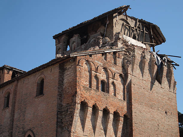 Earthquake-Emilia 2012, Castello della rocca - The tower ruined stock photo