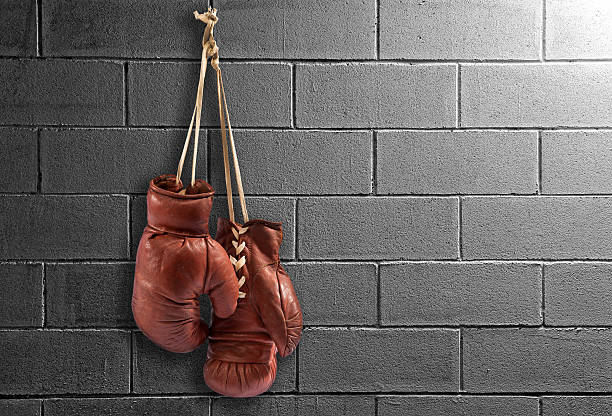 istock Pair of vintage boxing gloves hanging on a wall 483663650