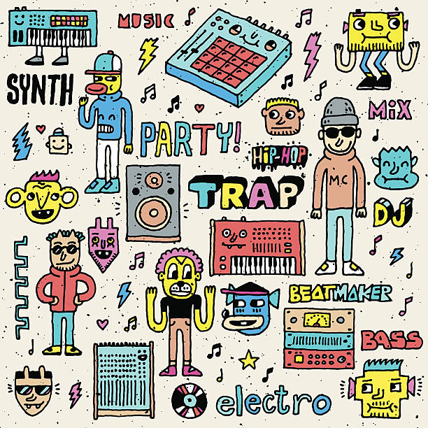 musik elektronische stil lustiger lustige doodle set. - drummachine stock-grafiken, -clipart, -cartoons und -symbole