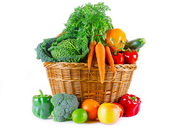 istock Healthy fruits and vegetables isolated on white background 483668388