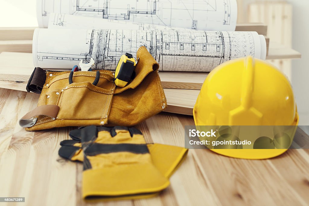 Wooden table with work tools Art And Craft Stock Photo