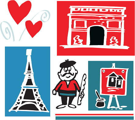 Vector cartoon of French man holding loaf of bread, stylised Arc de Triomphe, Eiffel Tower, artist easel, and hearts.