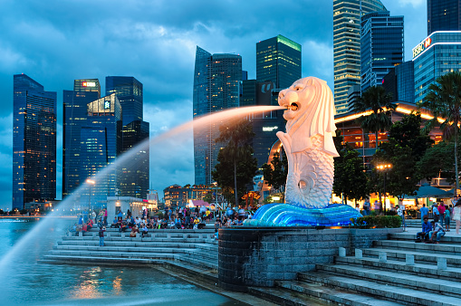 Singapore, Singapore - December 22, 2013: The Merlion fountain lit up at night in Singapore.
