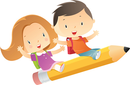 istock Boy and girl flying on a pencil 483672681