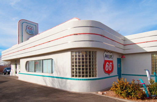 Albuquerque, USA - January 25, 2014: January 25, 2014: Diner, 50's style on Historic Route 66. Internationally known restaurant popular with locals and tourists alike. Located on Central Avenue, close to Downtown.