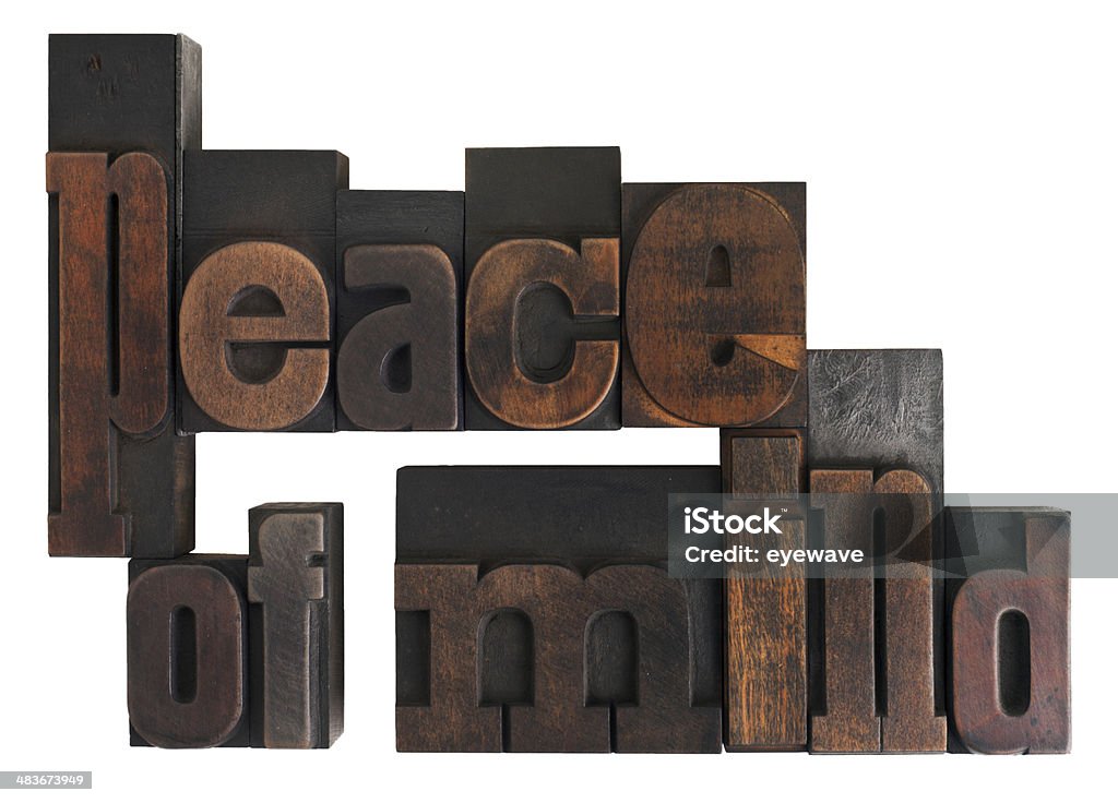 peace of mind, phrase written in vintage printing blocks phrase peace of mind written in vintage wooden letterpress type, scratched and stained, isolated on white Alphabet Stock Photo