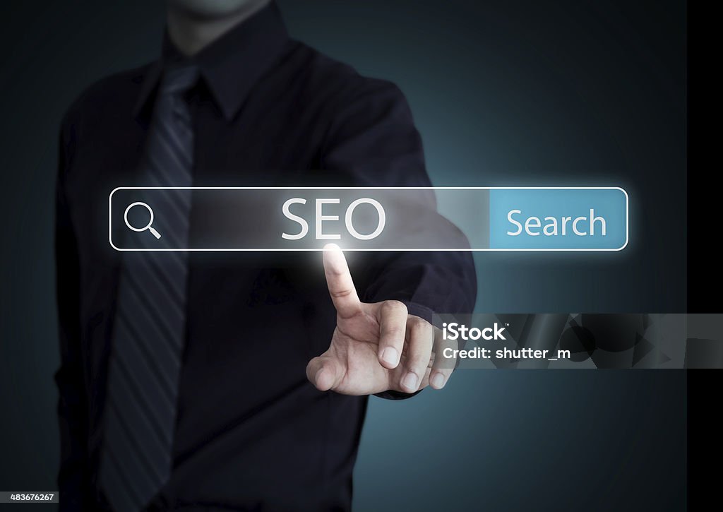 Businessman search on virtual screen with SEO process information Businessman search on virtual screen with SEO process information, technology concept Advice Stock Photo