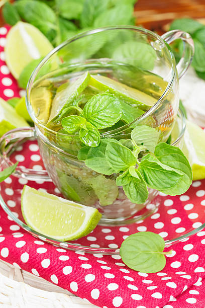 menta e limão e chá verde gelado - mint tea lemon tea leaves glass - fotografias e filmes do acervo