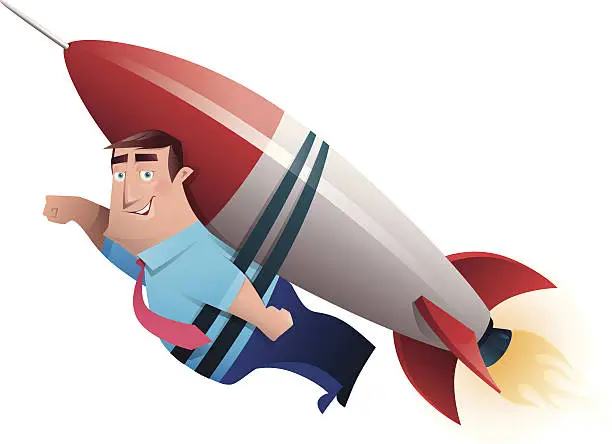 Vector illustration of man with rocket launching