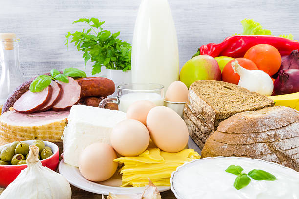 istock Composition grocery products dairy vegetables fruits meat 483677687