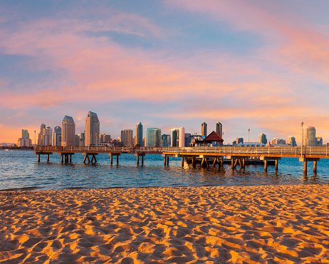 Setting sun cast a warm glow on the skyline of San Diego, California