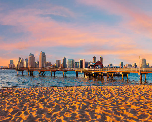 City Skyline Of San Diego, California Setting sun cast a warm glow on the skyline of San Diego, California san diego stock pictures, royalty-free photos & images