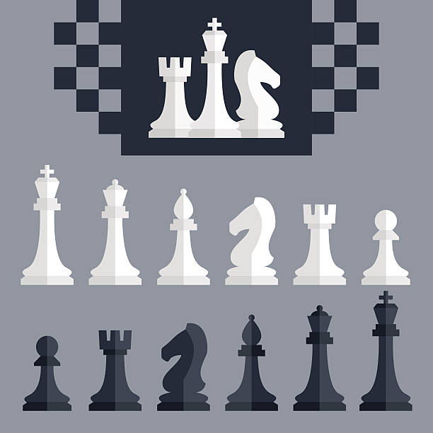 벡터 체스 피스 아이콘 세트, 평편 스타일 - black hobbies chess knight chess stock illustrations