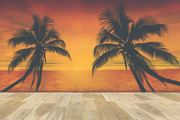 istock Wooden terrace with Coconut palms silhouette 483678024