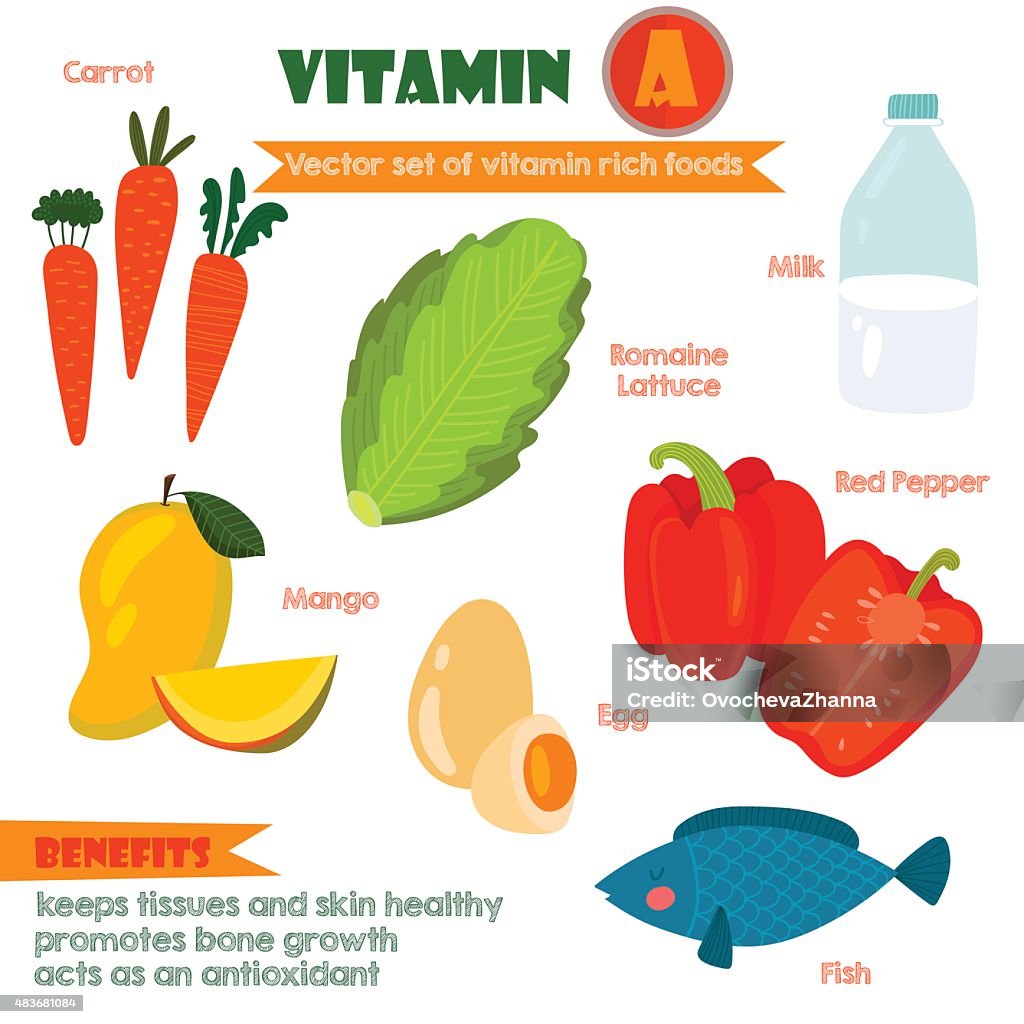 Vitamins and Minerals foods Illustrator set 2.Vector set of vita Vitamins and Minerals foods Illustrator set 2.Vector set of vitamin rich foods.Vitamin A-carrots, milk, romaine lettuce, mango, egg, red pepper and fish 2015 stock vector