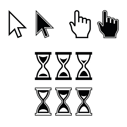 Cursor Icons. Mouse Pointer Set. Arrow, Hand, Hourglass. Vector