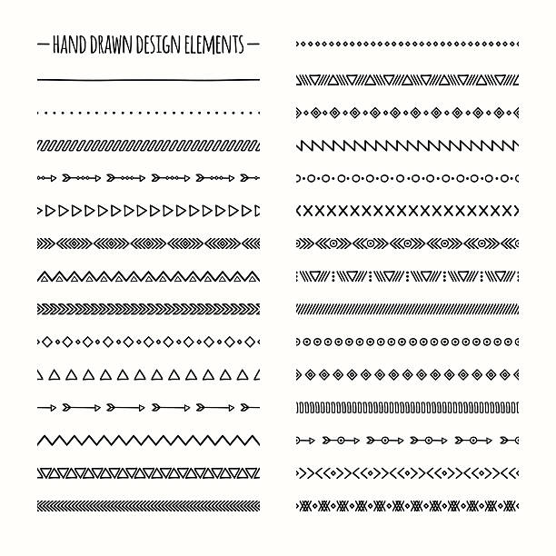 этнической руки drawn набор векторных линии границы. встроенная кисти. - part of aztec design element seamless stock illustrations