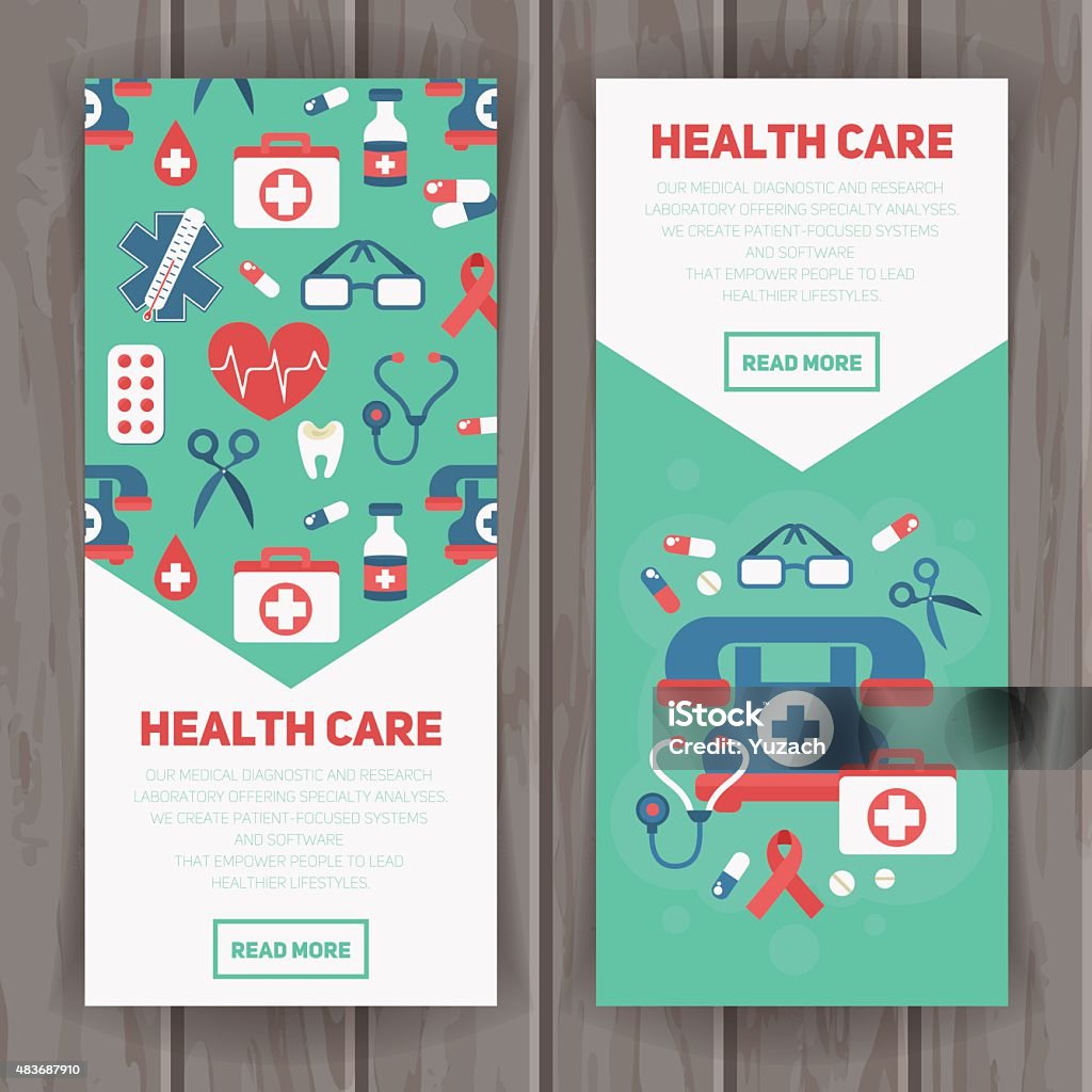 Medical banners templates in trendy flat style Medical banners templates in trendy flat style with main health care elements - emergency kit, heart, pills, cross 2015 stock vector