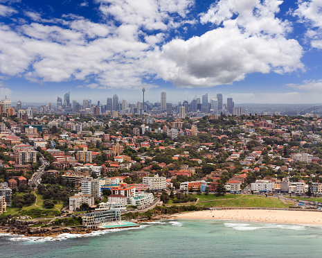 Australian capital city Sydney birds eye view from Bondi beach surt to the city CBD in  aerial shot