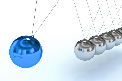 High resolution render of Newton's Cradle, with a blue sphere, trying to interpret motion  and individuality and 