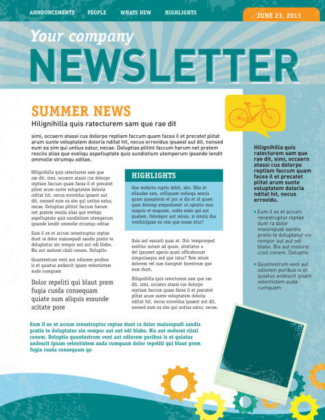 Company newsletter design template Vector illustration of a company newsletter design template with sample text layout mast head, headings, sub headings body text, and design elements. Design elements include blank photo area, gears, bike, speech bubble, texture and color theme. Download includes Illustrator 10 eps with transparencies, high resolution jpg and png file. newsletter template stock illustrations