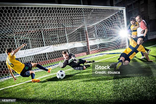 Football Match In Stadium Strikers Goal Stock Photo - Download Image Now - Soccer, American Football - Ball, Soccer Ball