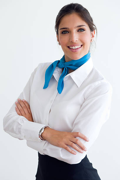 Beautiful hostess looking at camera. Portrait of beautiful hostess looking at camera. air stewardess stock pictures, royalty-free photos & images