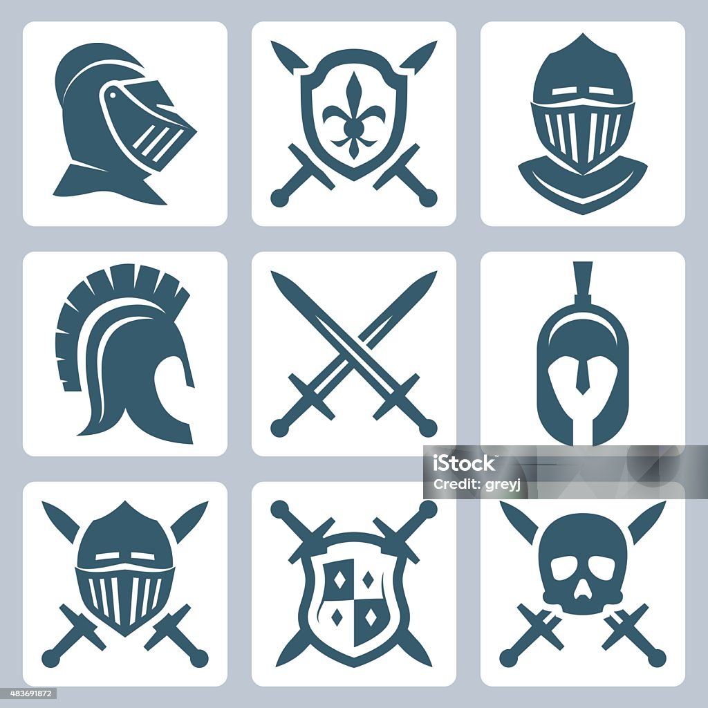 Bouclier médiéval d'épées et icon set - clipart vectoriel de Chevalier en armure libre de droits