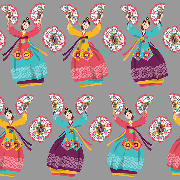 ilustraciones, imágenes clip art, dibujos animados e iconos de stock de coreano tradicional de las mujeres que realiza un ventilador de baile. coreano tradicional. - asian ethnicity pattern textile seamless