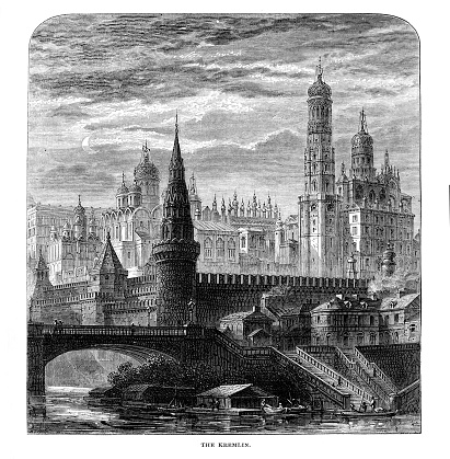 The Kremlin in this old print (before the revolution) was an imperial palace. Kremlin means citadel and there are kremlins in many Russian cities.  
